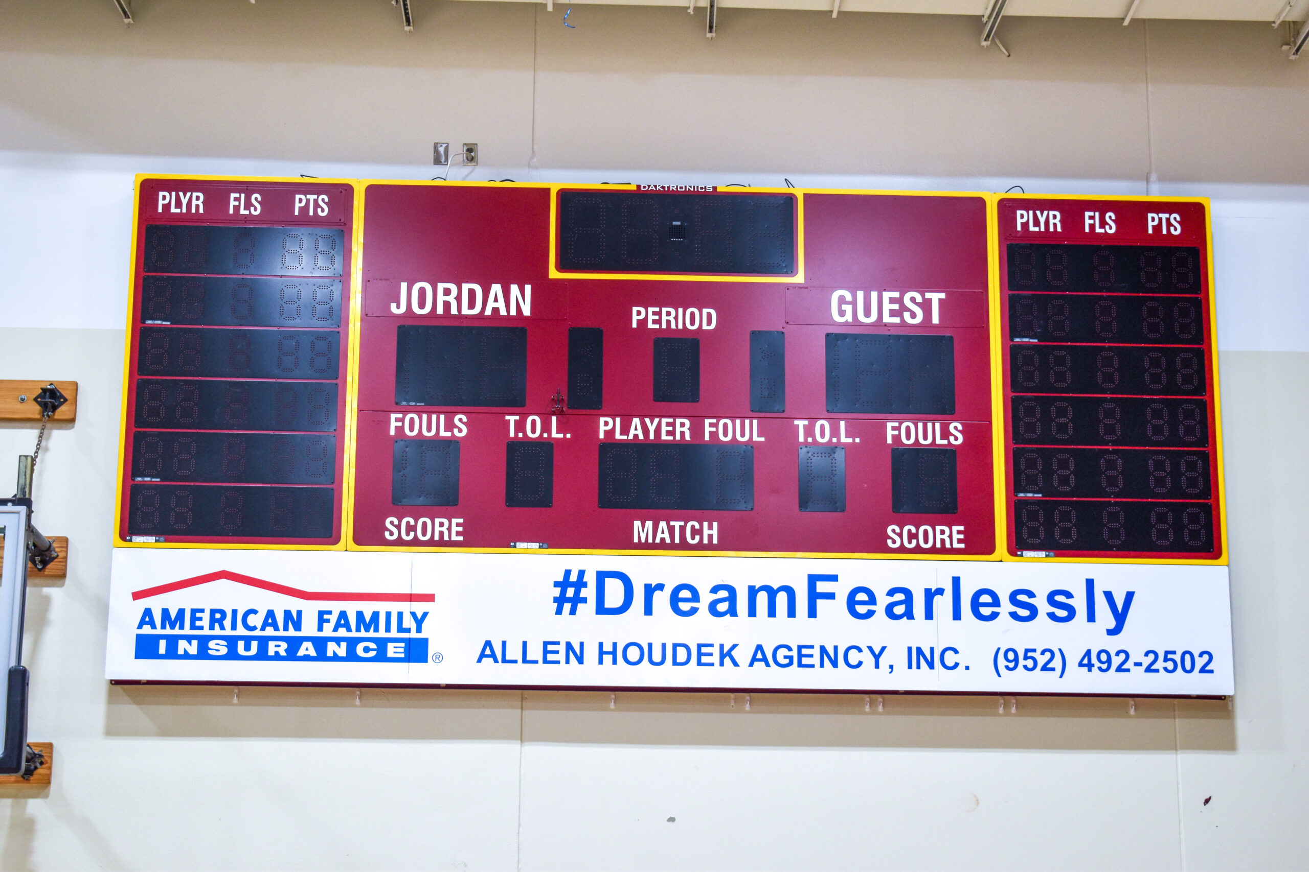 Jordan High School gym scoreboard